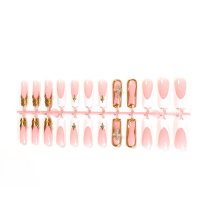 Faux ongles longs à presser dorés style français, <span class=keywords><strong>motif</strong></span> marbre croisé 3D avec diamants, collection <span class=keywords><strong>automne</strong></span>, avec accessoires de nail art - Product Image 5