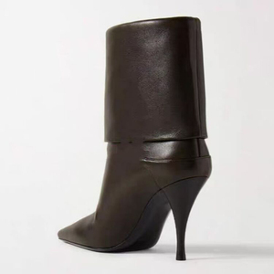 Botines de tacón alto con punta y hebilla metálica para mujer, talla grande 46, de ante con vuelta, estilo botín corto. - Product Image 6