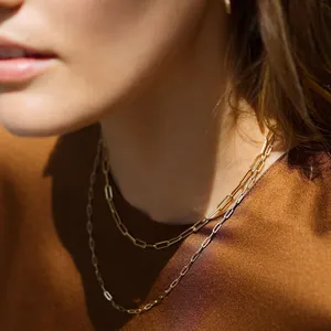 2022 colar personalizado com clipe de papel dourado, corrente para colar feminino com clipe de papel enchido de ouro 14k, retângulo de aço inoxidável, colar, gargantilha