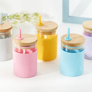 Bulk order 12oz bamboo lid glass water bottle silicon sleeve baby kids tumbler with straw for gym