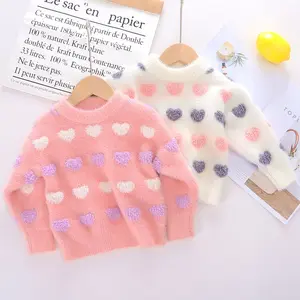 New Winter 2024 girls' thick sweater warm mink round neck cover heart baby Children's knit shirt