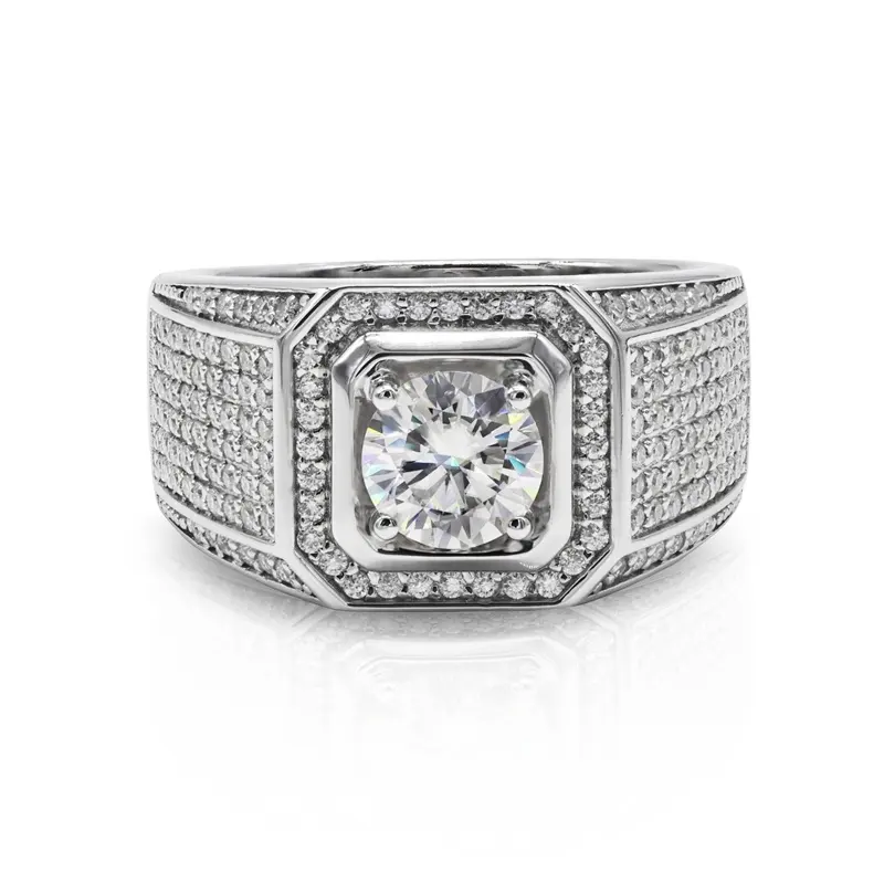 Hot Sale Luxury 925 Sterling Silver 1CT Round Cut Iced Out VVS Moissanite Men's Silver Ring