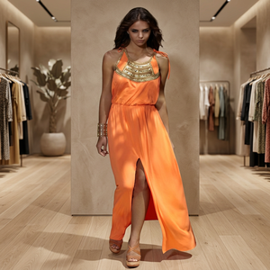 Vestido de noche de gala para mujer, largo hasta el tobillo, con cuello halter, tirantes finos y abertura larga - Product Image 2