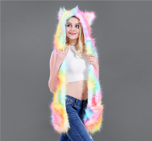 Sweat à capuche en fausse fourrure d'animal, couleur arc-en-ciel, chaud, <span class=keywords><strong>avec</strong></span> <span class=keywords><strong>gants</strong></span>, écharpes - Product Image 4