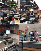 Comptoir de caisse informatisé pour supermarché, avec support rotatif cylindrique, élévateur, double écran détachable de 12 pouces