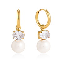 Boucles d'oreilles créoles ovales J&D Jewelry en acier inoxydable plaqué or 18 carats, étanches, avec zircone blanche et perle de verre, pour femme, cadeau