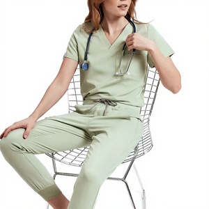 Ensemble de blouses médicales pour femmes, col en V, manches courtes, vert, coton et polyester, uniformes d'hôpital avec poches - Product Image 1