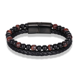 Black Braided Leather <b>Beaded</b> <b>Bracelet</b> For <b>Men</b> Natural Agate Stone Classic Adjustable Fashion Jewelry Gift - Product Image 3