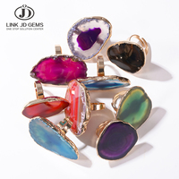 Anillo Ajustable Abierto con Borde Chapado en Oro y Rodaja de Ágata Natural, Anillos de Dedo con Gema Irregular en Bruto, Hechos a Mano, Venta al por Mayor