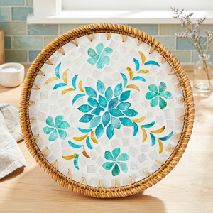 Luxury Handmade Rattan & Mother Pearl Decorative Eco Friendly Breakfast <b>Bed</b> Serving <b>Tray</b> Custom Size Wood Handle Food Serving - Product Image 1