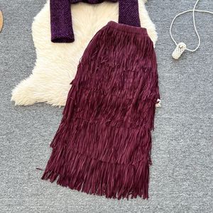 Traje de invierno que combina con todo para mujer, chaqueta de Tweed con patrón sólido informal, Chaqueta corta de manga larga, falda con borlas de cintura alta - Product Image 4