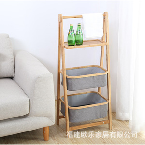Creative bamboo bathroom storage rack, floor-standing <b>foldable</b> bamboo ring with cloth bag rack, towel and laundry <b>basket</b> - Product Image 1
