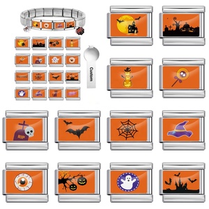 Vente en gros, Meilleures ventes : Breloque italienne personnalisée Halloween Citrouille Crâne, compatible bracelet en acier inoxydable 9mm, pour la création de bijoux DIY, cadeau - Product Image 1