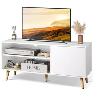 Armário de TV simples de alta qualidade, suporte moderno de meados do século para console de TV de prateleiras abertas de 55" para sala de estar