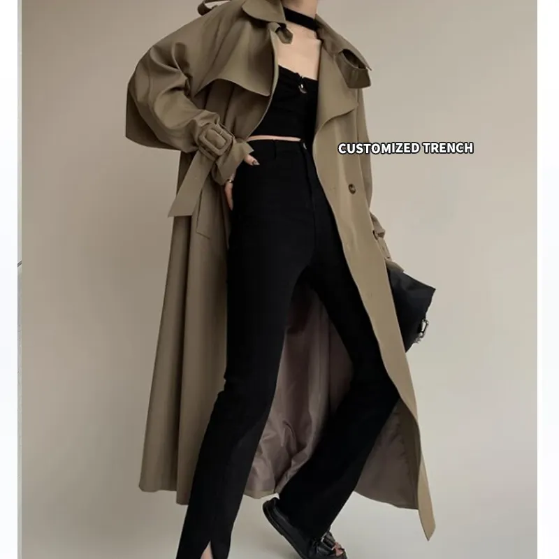 Trench da donna nuovo personalizzato 2023 cappotto lungo doppiopetto classico autunno inverno colletto alla coreana cappotto antivento