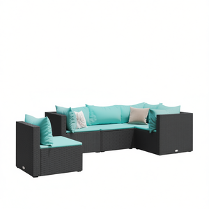 Conjunto de Muebles de Jardín de Ratán Negro para Exteriores, 6 Plazas, Cojines Azul Agua, Diseño Contemporáneo, Resistente a la Intemperie - Product Image 1