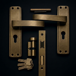 Juego de Manijas de Puerta Modernas de Bronce Cepillado con Cerradura de Cilindro y Llaves, Herrajes para Puerta de Entrada, Diseño Contemporáneo, Ambidiestro, para Baño - Product Image 1