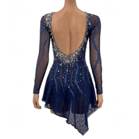 Robe de patinage artistique bleu foncé avec strass, manches longues en maille, costume de performance pour adultes et enfants, tenue de compétition de patinage