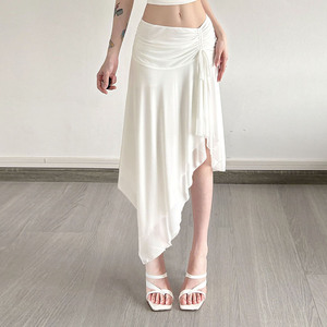 Falda Midi Blanca con Volantes Asimétricos y Lazos, Estilo Europeo Americano, Moda Minimalista, Vacaciones, Elegante, Transparente - Product Image 4