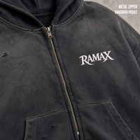 Sweat à capuche zippé RAMAX 460GSM épais en molleton gris foncé, style vintage, hiver, logo minimaliste, streetwear homme, personnalisable OEM ODM