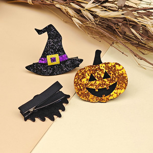 Pinza para el pelo infantil de Halloween, hecha a mano, con diseño de calabaza, murciélago y sombrero mágico, con cinta de tela y purpurina, divertida, para flequillo y lateral, todo en uno - Product Image 1