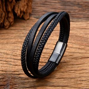 High Quality Wholesale Bulk Stainless Steel Magnetic Clasp Braided Leather Bracelets for <b>Men</b> - Product Image 5