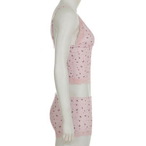 طقم ملابس نوم مخصص حسب الطلب، تصميم أنيق بحواف دانتيل وطباعة زهور، قميص بحمالات رفيعة وشورت، طقم بيجامة من قطعتين للنساء والسيدات لحفلات النوم - Product Image 2