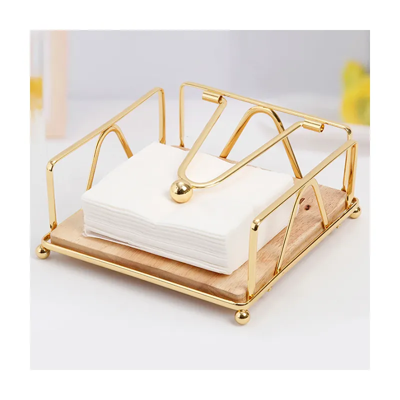 Flat Wooden Base Serviette Napkin Holder Gold Arm With Luxurious Packaging For Dining Table