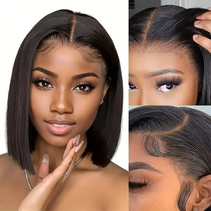 Peluca corta y lisa estilo bob para mujeres europeas y americanas, 100% cabello humano, completamente atada a mano, con frente de encaje negro para damas. - Product Image 3