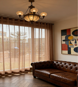 Cortina Moderna de Lino Marrón con Ondas Transparentes, Color y Tamaño Personalizables, Ecológica para Sala de Estar - Product Image 1