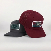 Casquette de golf personnalisée à 5 panneaux, perforée au laser, respirante, avec logo en patch tissé, visière plate, fermeture snapback, pour la pêche