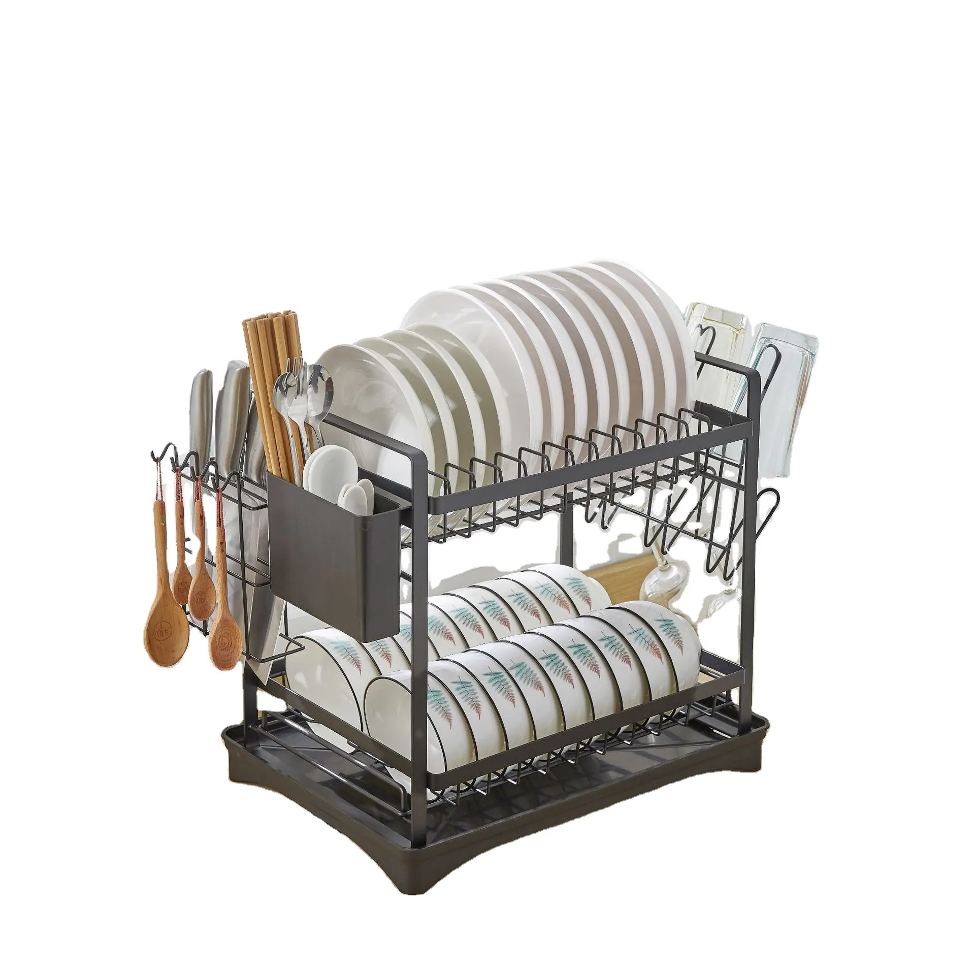 Stable and Non Slip 2 Tier Dish Drying Rack With Drainboard Set goblet Rack Utensil & Knives Holder for Kitchen Countertop