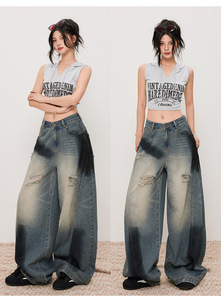 Nuevos pantalones anchos de cintura alta con corte de cimitarra, holgados, con costuras de desestructuración, agujeros y efecto pintado con aerosol, estilo vaquero envejecido para <span class=keywords><strong>hombre</strong></span> y mujer - Product Image 4