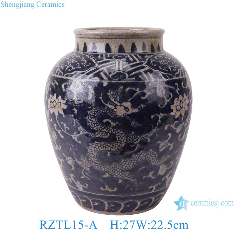 RZTL15-Aアンティークブルードラゴン蓮柄磁器ポット花瓶手描き