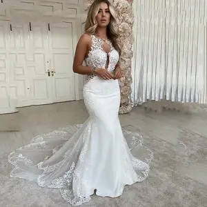 Mermaid Wedding Dresses Halter Sleeveless Lace Appliques Sexy Sweep Train Plus Size Bridal Wedding Gowns