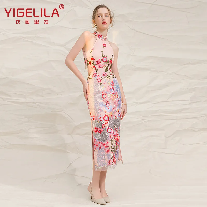 YIGELILA Spring Summer Floral Print Sexi Dress Women Chinese Style Sequin Dress Sleeve Casual Dress Women Long Cheongsam