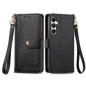 Funda con tapa tipo billetera con diseño de corazón para <span class=keywords><strong>Samsung</strong></span> A35 A55 con cuerda, para iPhone 15 Promax Funda de cuero con cremallera con ranuras para tarjetas - Product Image 5