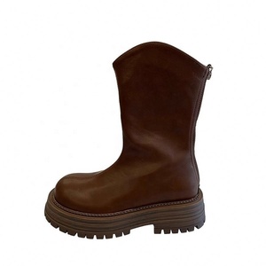 New Fashionable Brown Winter Lace-up Zip Mid Calf Women's <b>Boots</b> for Autumn/<b>Spring</b>/Summer & All Seasons - Product Image 5