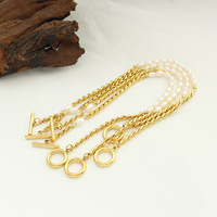 Pulsera de Acero de Titanio Inoxidable con Baño de Oro de 18K y Perlas de Agua Dulce, Cierre OT, Joyería de Moda para Mujer