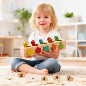 Scatola Attività Personalizzabile per Riconoscimento <span class=keywords><strong>Forme</strong></span>, Ordinamento Colori, Conteggio e Puzzle con Bastoncini - Giocattolo Educativo in Legno - Product Image 1