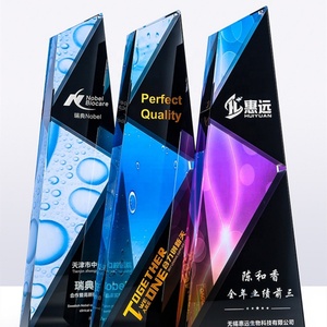 Fournisseur chinois de trophées en cristal personnalisés avec plaque en verre 3D, couronne étoilée rouge et bleue en métal - Product Image 3