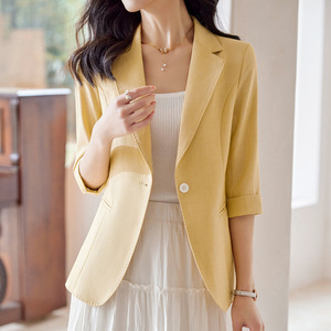 Women's Light Green Blazer Short Sleeve Solid Color Viscose Fiber Breathable Spring <b>Summer</b> Casual Suit <b>Jacket</b> - Product Image 3