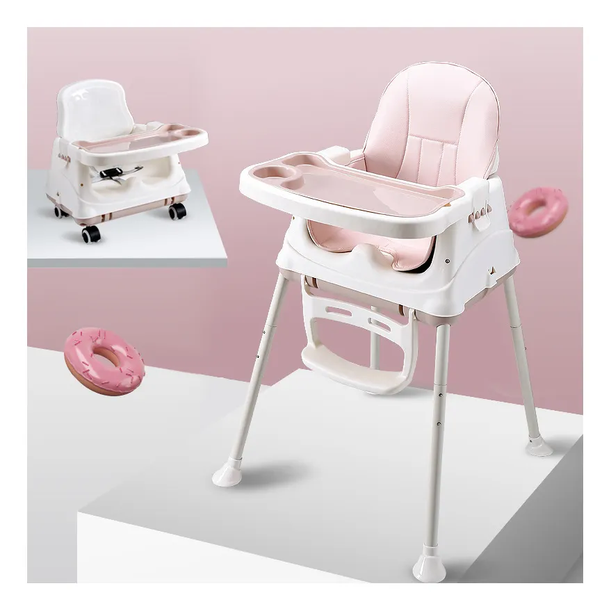 Ruota da tavolo per bambini a buon mercato sedia in plastica per bambini seggiolone per bambini cuscino regolabile sedia da pranzo per bambini rosa moderno
