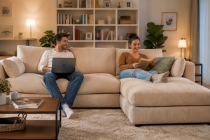 Modulares L-förmiges Beige Cord-Ecksofa Erweiterbar & Umwandelbar für Apartment-Wohnzimmer - Product Image 4