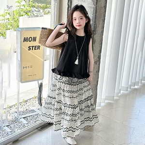 Conjunto de <span class=keywords><strong>dos</strong></span> piezas <span class=keywords><strong>para</strong></span> niñas, top sin mangas con volantes, falda larga a rayas, ropa de verano <span class=keywords><strong>para</strong></span> niñas grandes - Product Image 1