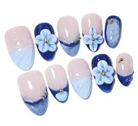 Uñas Postizas Color Azul Hielo, Uñas Acrílicas en Forma de Almendra, Uñas Artificiales Hechas a Mano