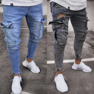 Calça jeans skinny com zíper, calça rasgada masculina personalizada, estilo rasgada, para homens