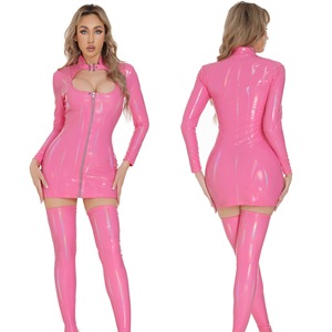 Multicolore Sexy Rose PU Cuir Bodycon Party Club Robes Vestido Femmes Manches Longues Coupe Basse Fermeture Éclair Élastique <span class=keywords><strong>Latex</strong></span> Mini <span class=keywords><strong>Robe</strong></span> - Product Image 3