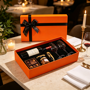 Coffret Cadeau <span class=keywords><strong>Vin</strong></span> Orange avec Bouteille de <span class=keywords><strong>Vin</strong></span> Rouge, Verres, Chocolats, Amandes, Ouvre-bouteilles, Bougie, Emballage Marbre – Ensemble Cadeau en Gros - Product Image 1