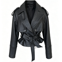 Veste en cuir grainé noir à ceinture pour femme, veste courte en cuir véritable, manteau d'automne